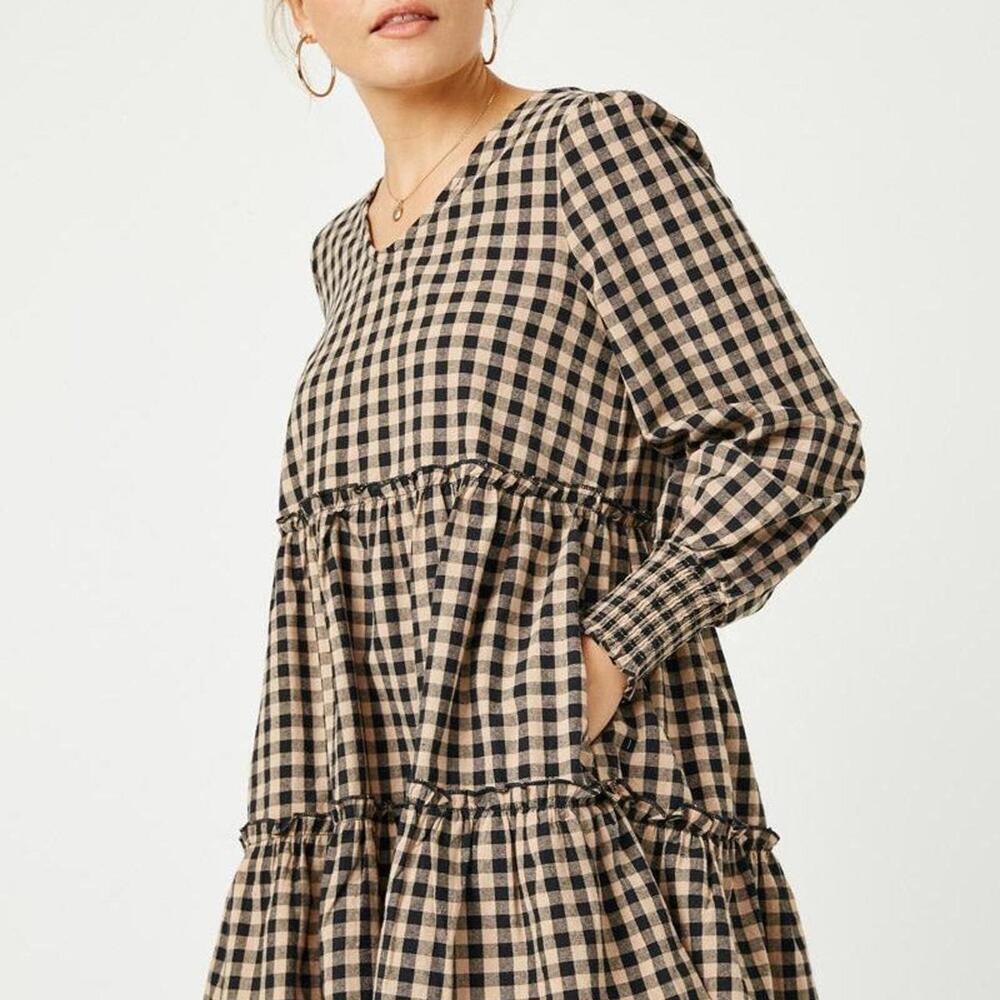 Hayden Los Angeles Black & Tan Smocked Cuff V Neck Plaid Cottagecore Dress